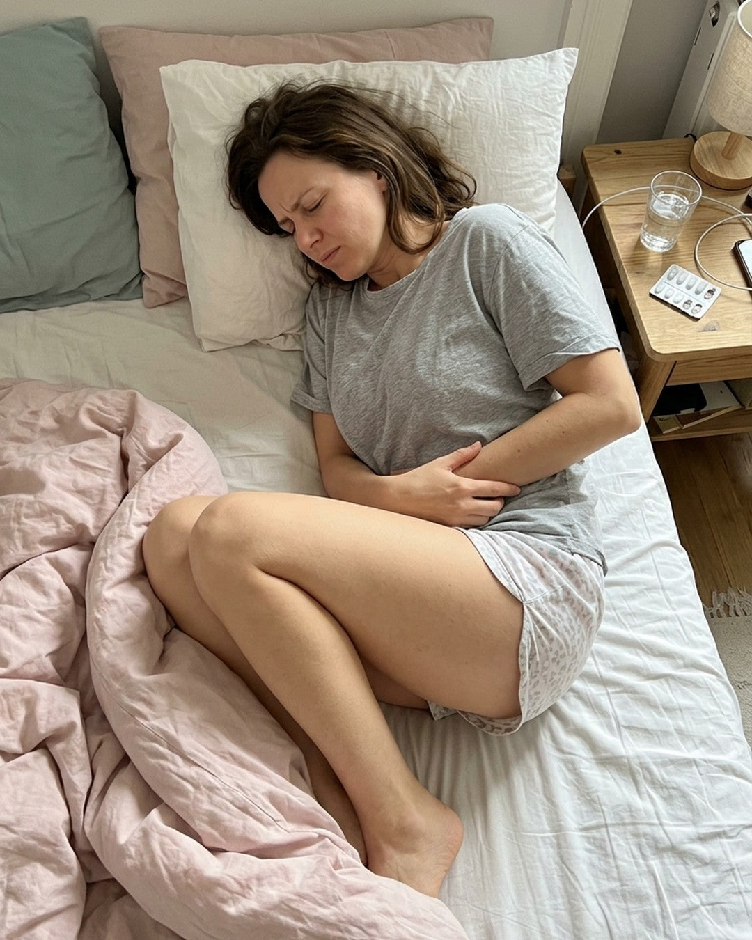 Kobieta z bólem menstruacyjnym w łóżku